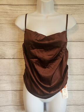 Cider XL NWT Brown Satin Cowl Neck Cami Y2K Chic Silky Slip Top